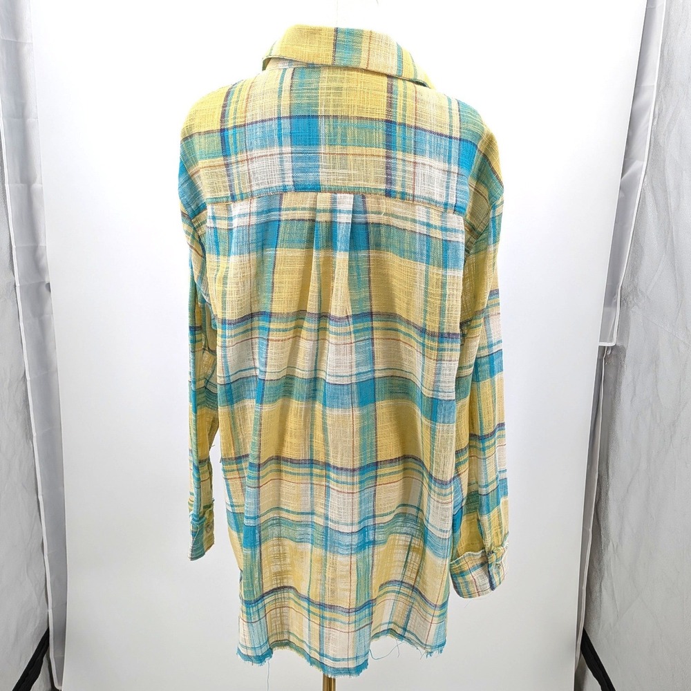 La Miel Plaid Gauze Shirt Raw Hem Boho‎ Beach Lightweight NWT L - Picture 2 of 11